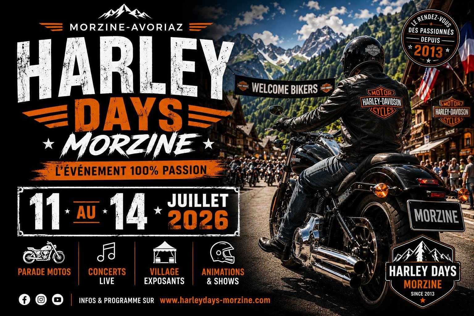 Affiche des Harley Days 2026 à Morzine-Avoriaz, du 11 au 14 juillet Affiche des Harley Days 2026 à Morzine-Avoriaz, du 11 au 14 juillet